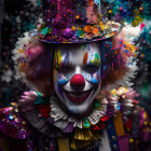 Colorful portrait of person with dramatic clown makeup and checkered hat on kaleidoscopic background