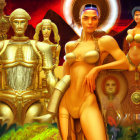 Surreal artwork: Nude figure with illuminated head and cloaked beings in cosmic setting