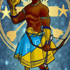 Stylized illustration of man in blue clothing with golden accessories and magical elements