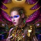 Futuristic woman in metallic gold armor with vibrant purple eye makeup