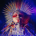 Futuristic headdress and armor on person against dark background