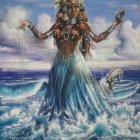 Woman with Elaborate Headdress and Jewelry Emerging from Waves in Dramatic Sky