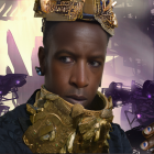 Digital art portrait featuring person with purple eyes in gold attire against cosmic backdrop