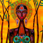 Abstract digital artwork: Female figure with mechanical body and colorful headdress on warm orange background