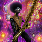 Futuristic robotic figure with afro and saxophone in neon cybernetic setting