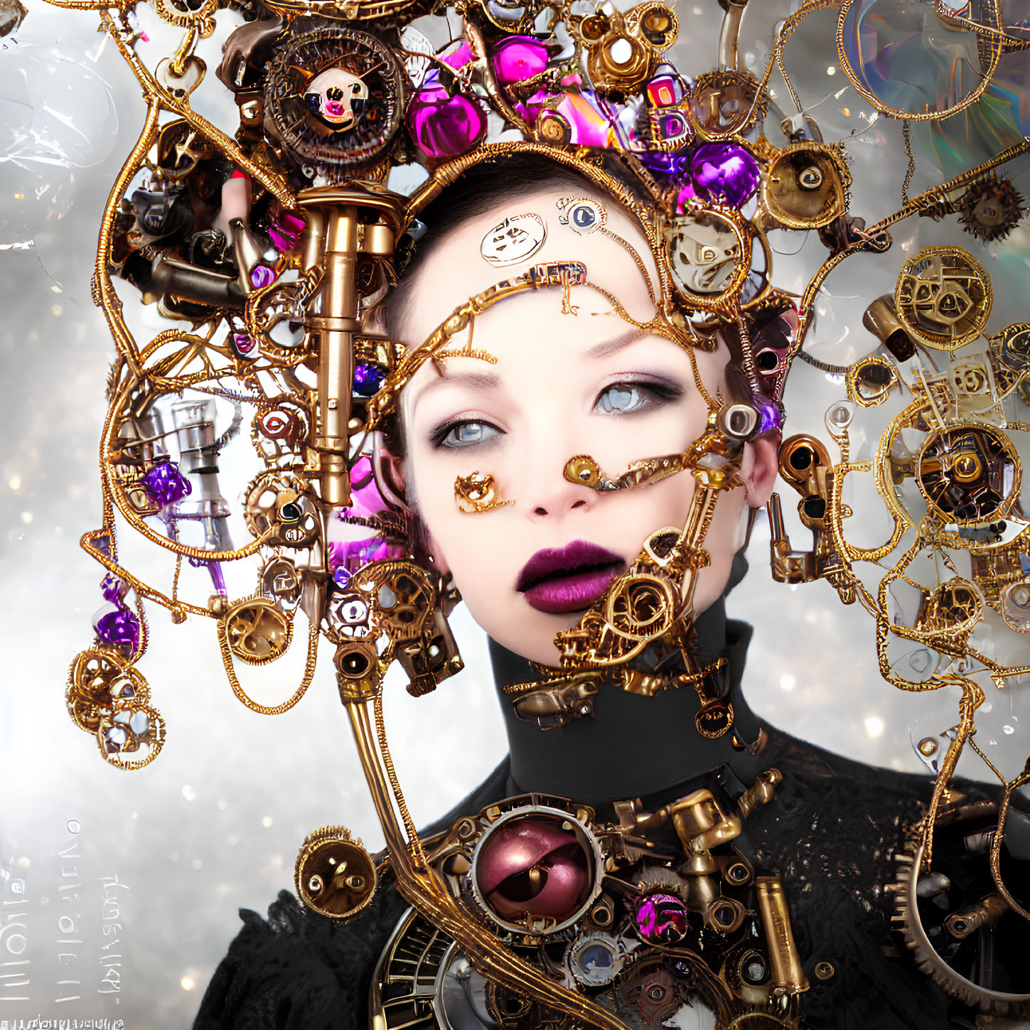 Woman's face with steampunk mechanical components and purple hues