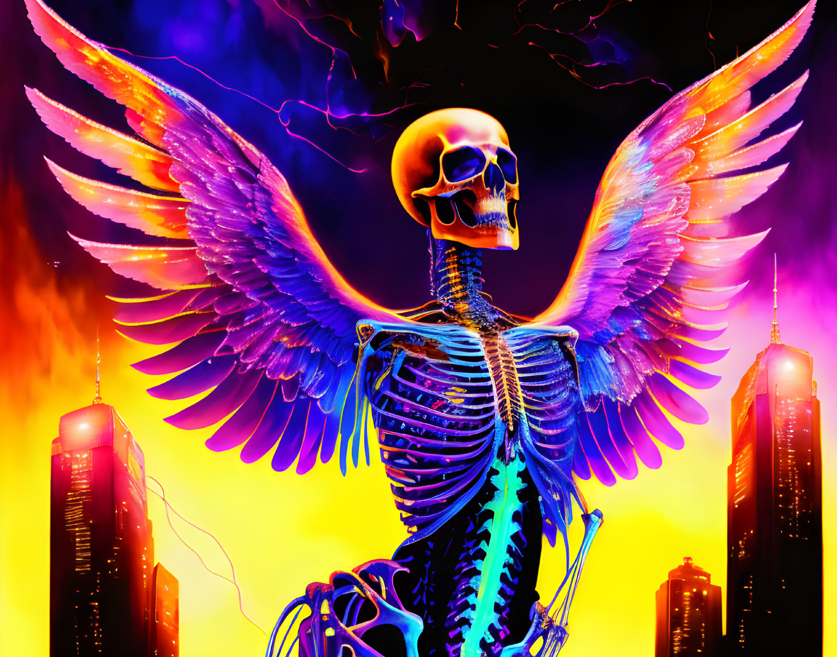 Colorful Skeleton with Wings Soars Over Cityscape in Surreal Scene