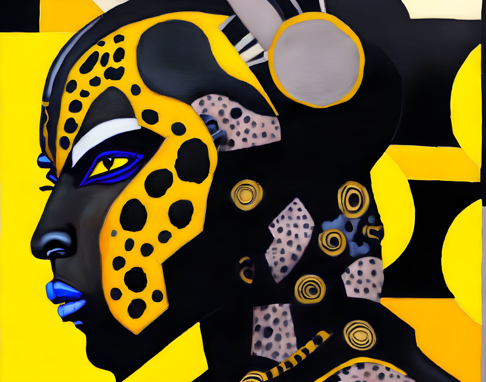 Stylized face with leopard print, blue lips, purple eyeshadow