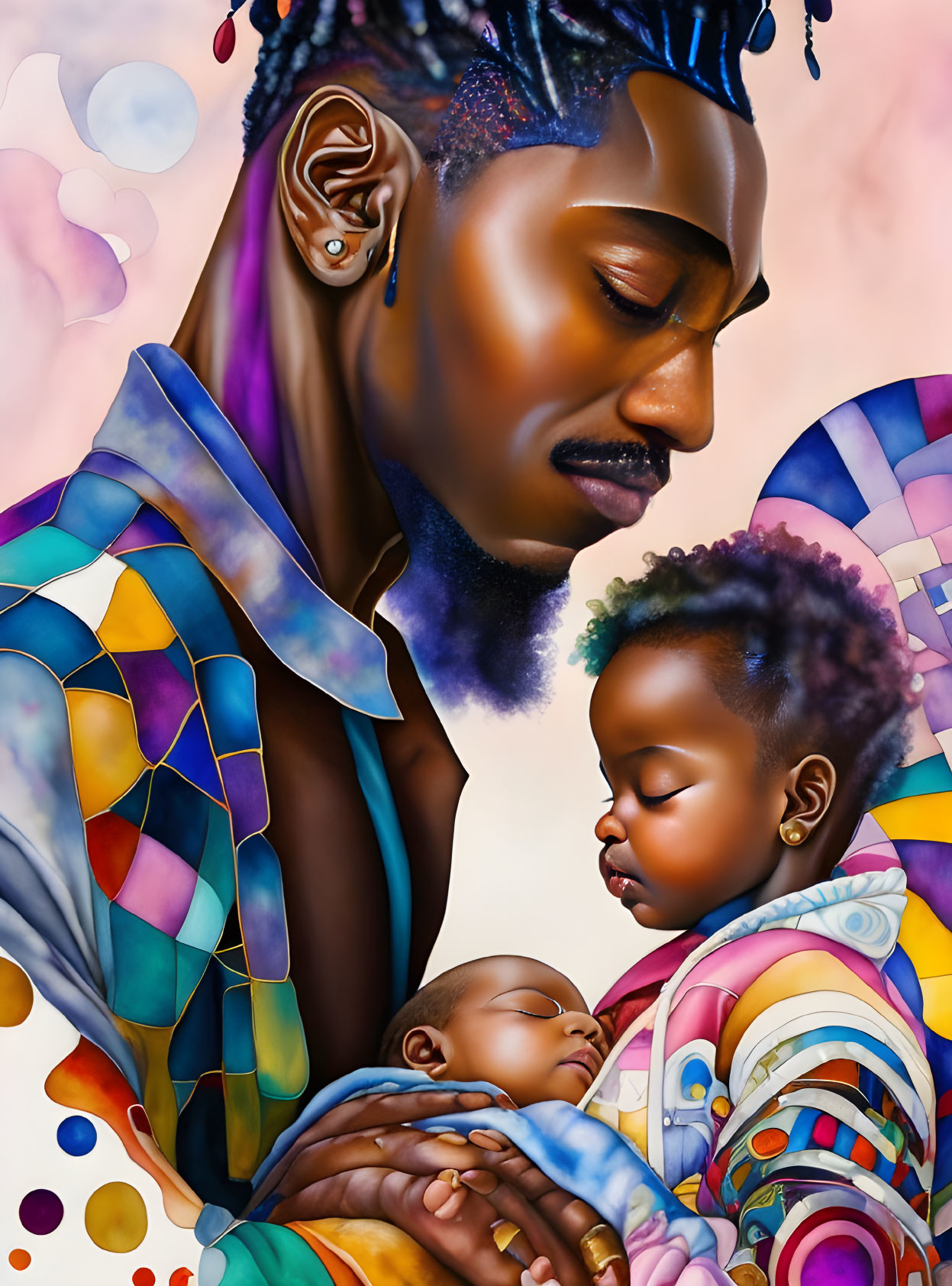 Colorful illustration of man holding sleeping infant in soft pastel setting