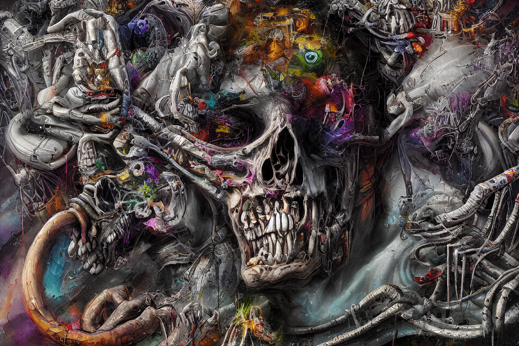 Detailed Artwork Featuring Skull Surrounded by Mechanical and Biological Elements