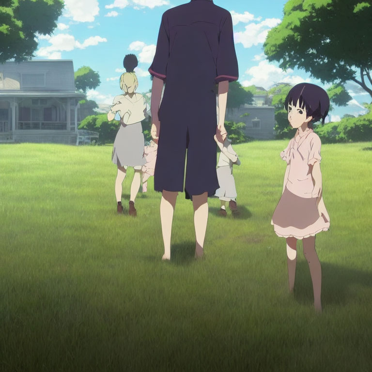 Child in pink dress observes kids walking in grassy field