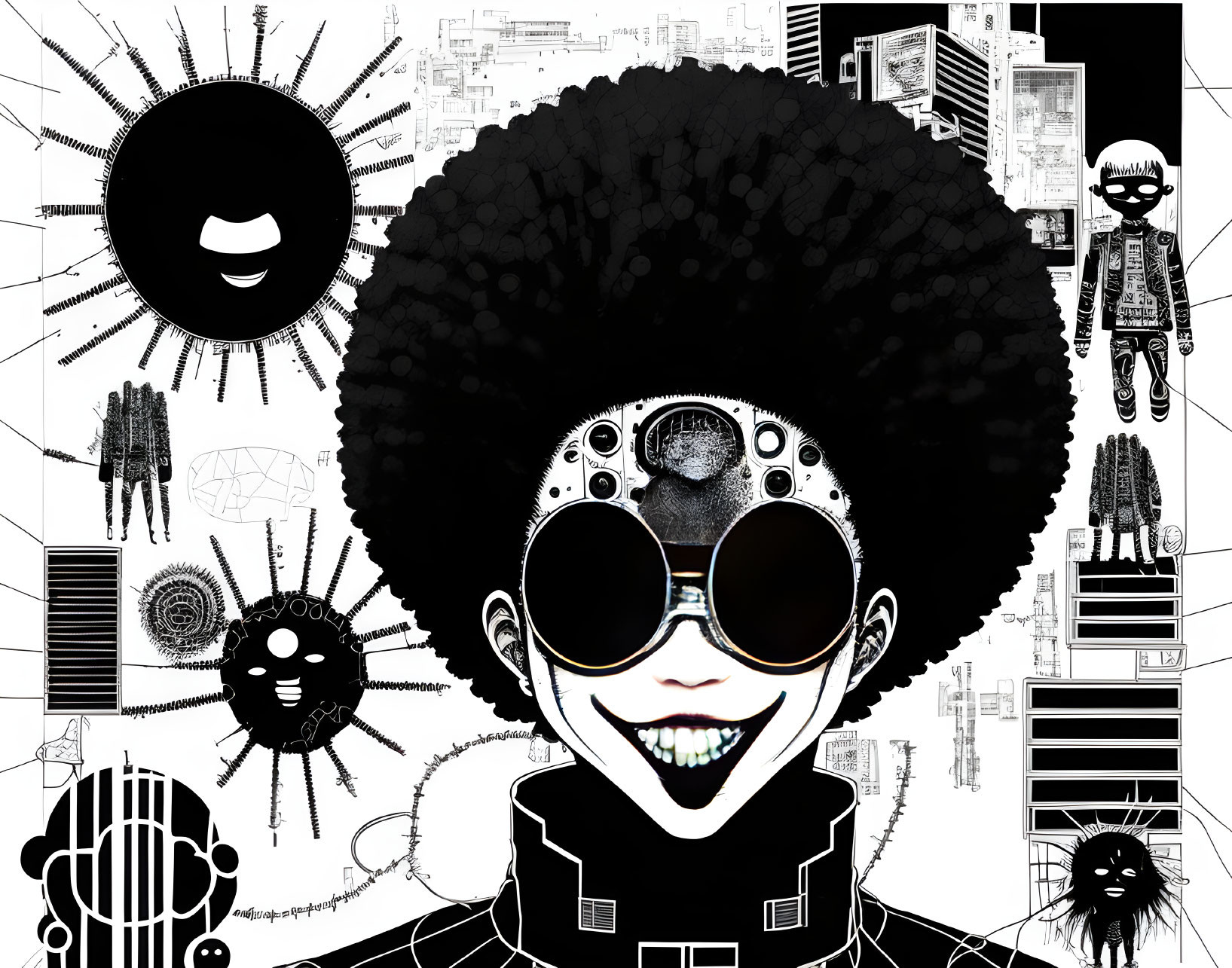 Monochrome afro person illustration with sunglasses & abstract urban elements