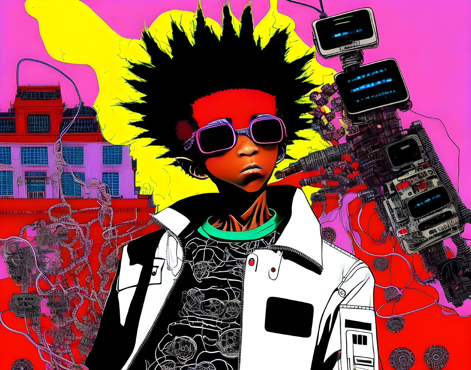 Stylized illustration of person with afro, sunglasses, headphones, against pink futuristic backdrop