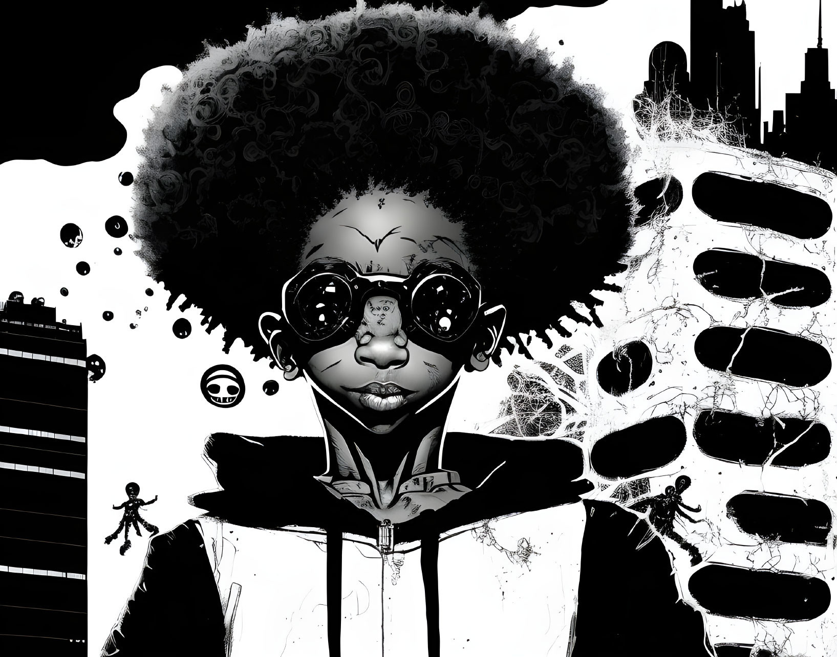 Monochrome child illustration with oversized glasses and afro, urban backdrop and doodles.