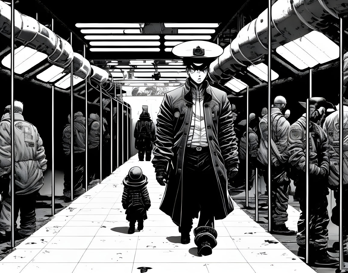 Monochrome illustration: man in uniform with child walking through corridor surrounded by figures in bulky suits