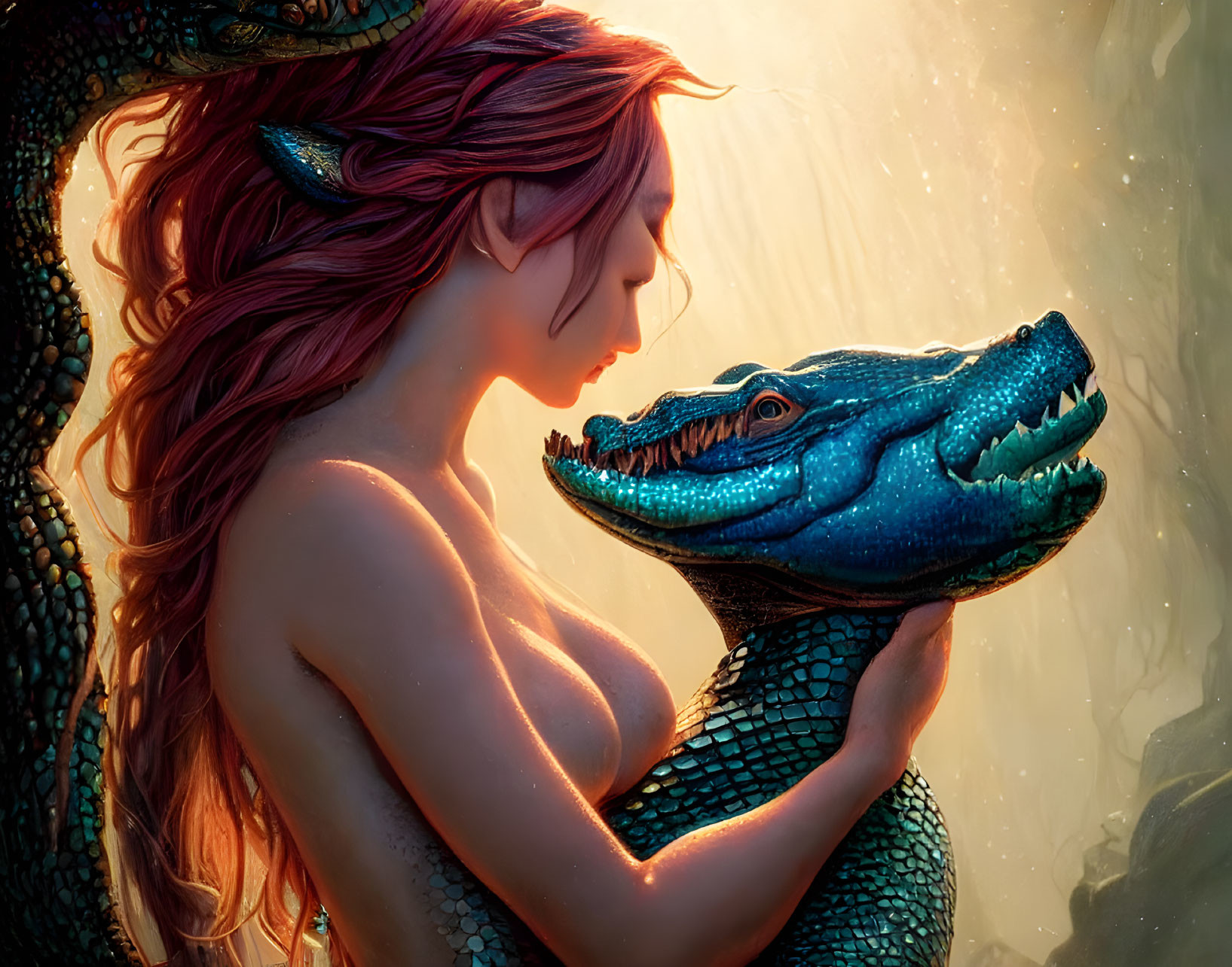Woman with elfin features embraces blue reptilian creature in warm, glowing backdrop