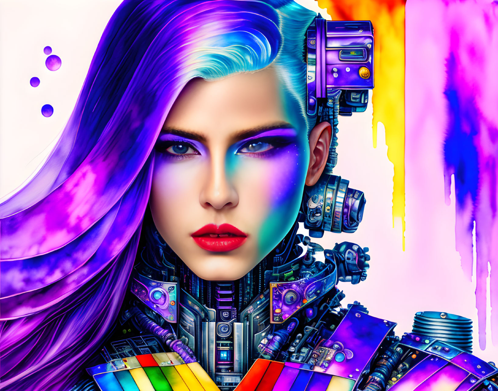 Colorful female cyborg with blue hair on vibrant background