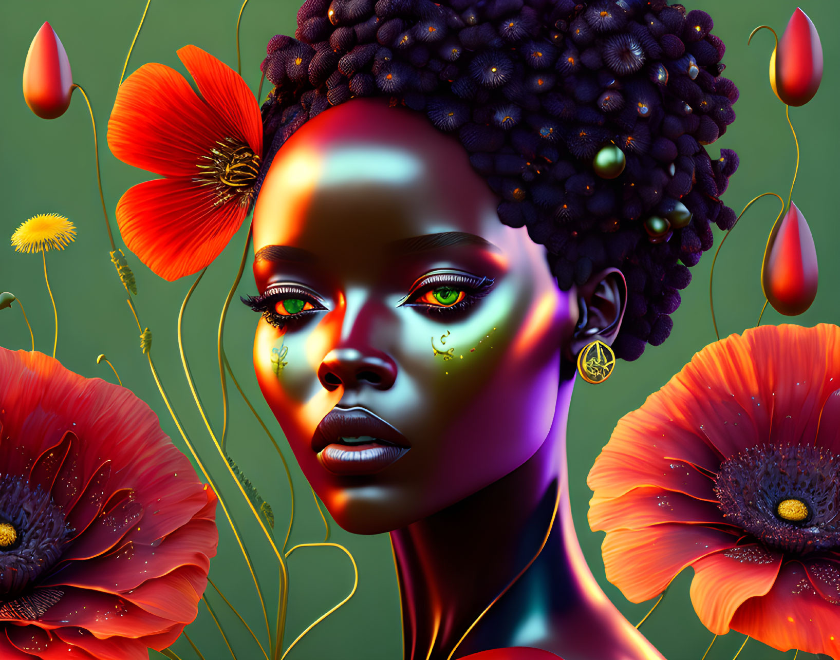 Vibrant Woman Surrounded by Flowers in Surreal Digital Art