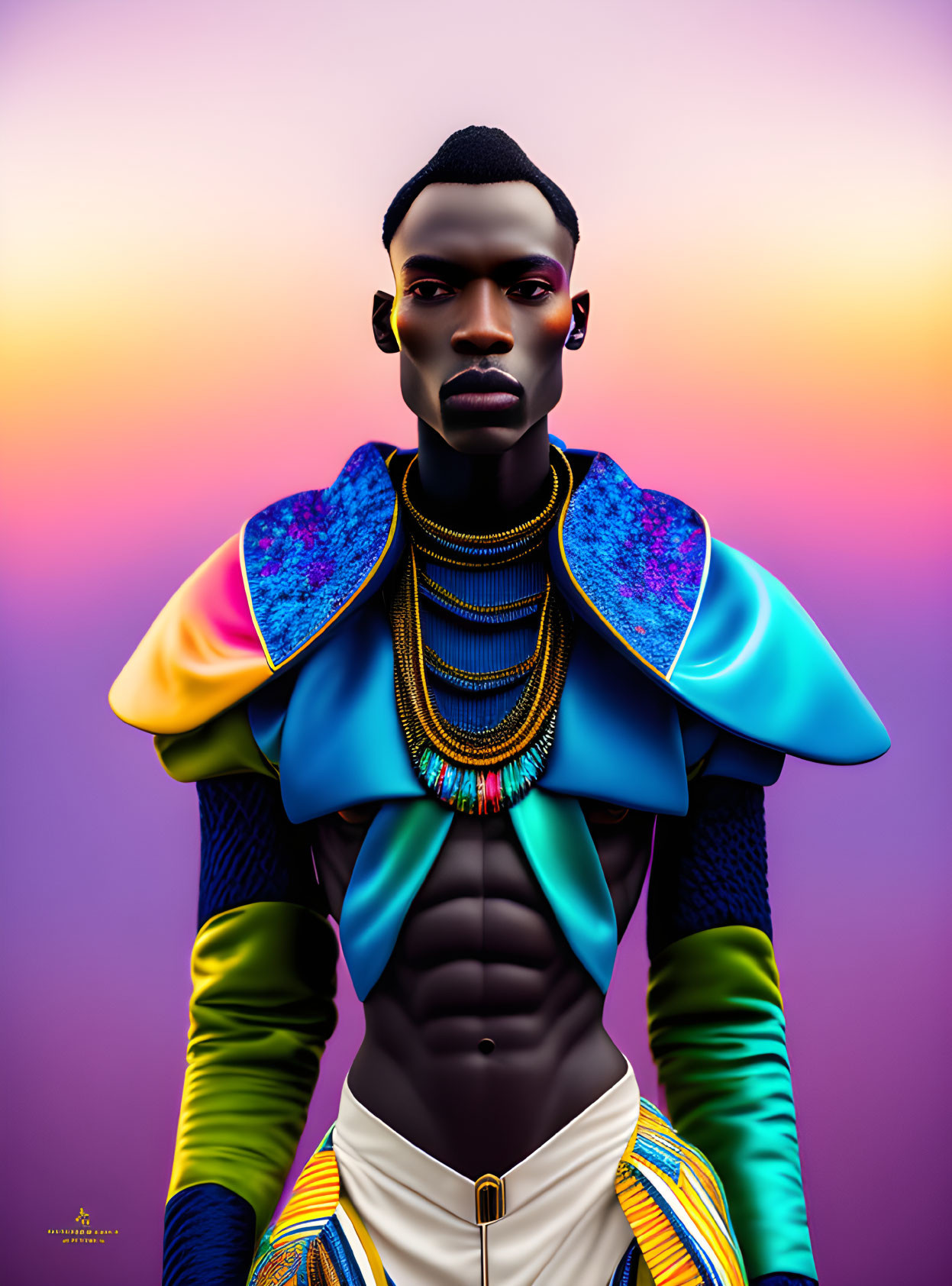Stylized male figure in futuristic outfit with metallic accents