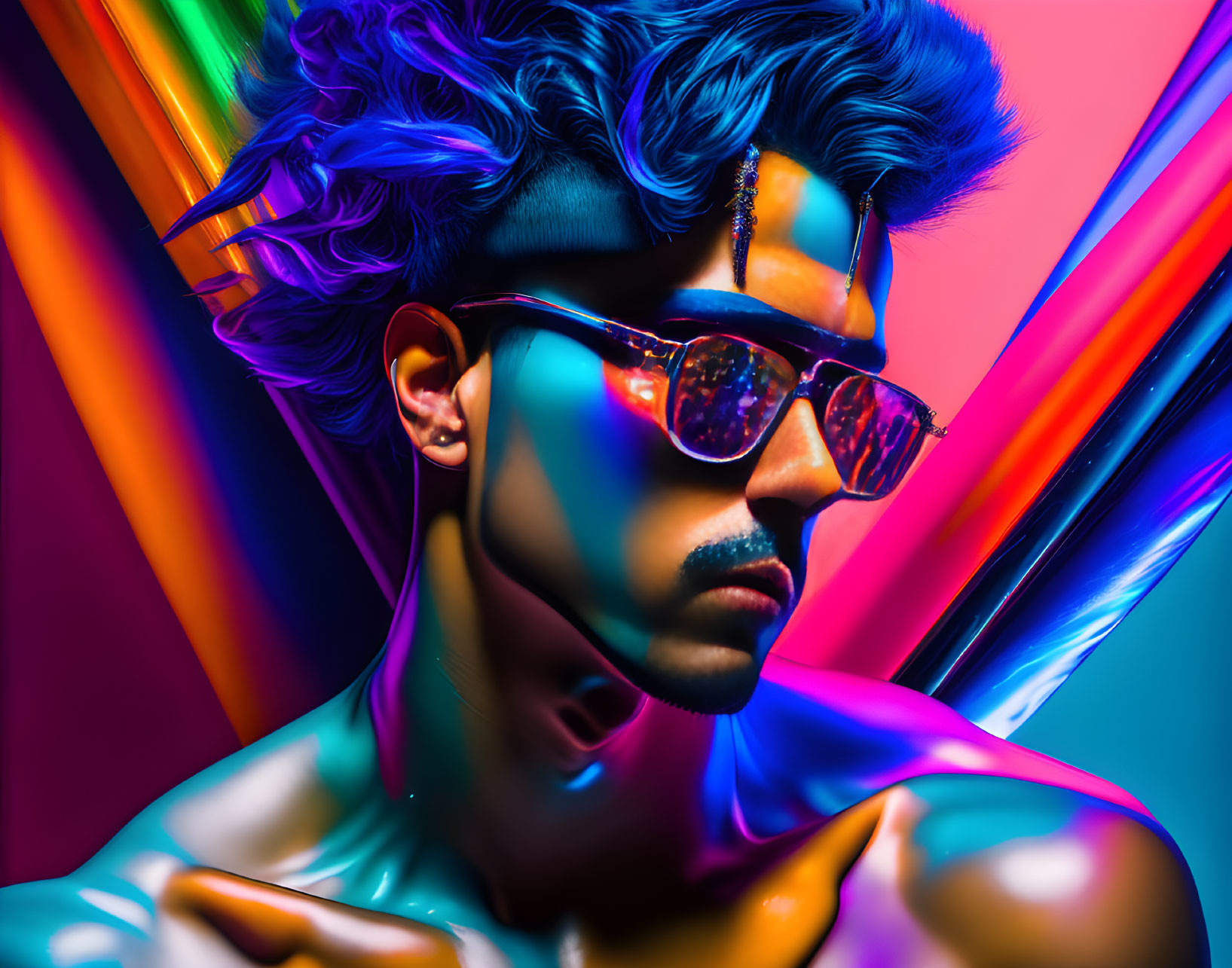 Blue-haired person in reflective sunglasses under vibrant neon lights.