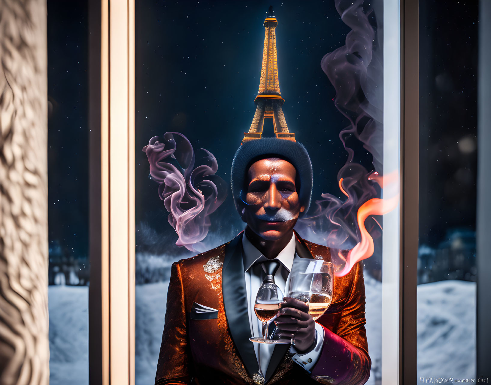 Man in stylish suit and hat with wine glass by snowy Eiffel Tower view at night.