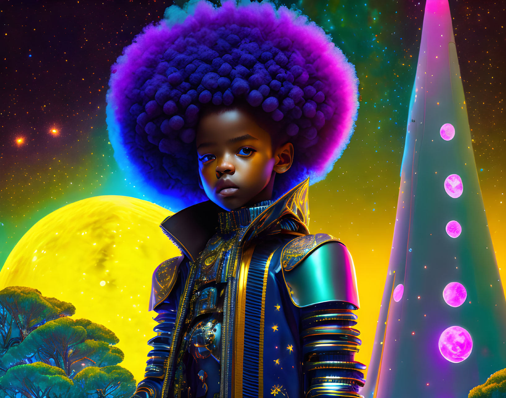 Child with large afro in futuristic cosmic scene