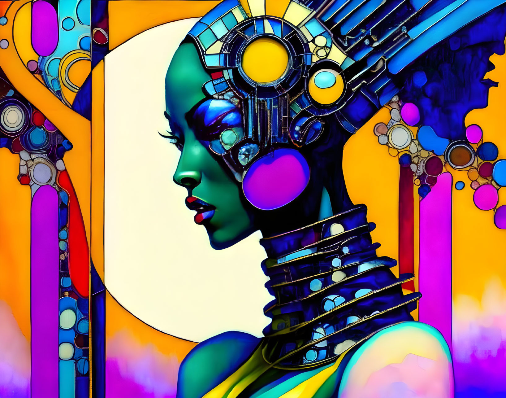 Colorful Abstract Art: Female Figure with Cybernetic Enhancements