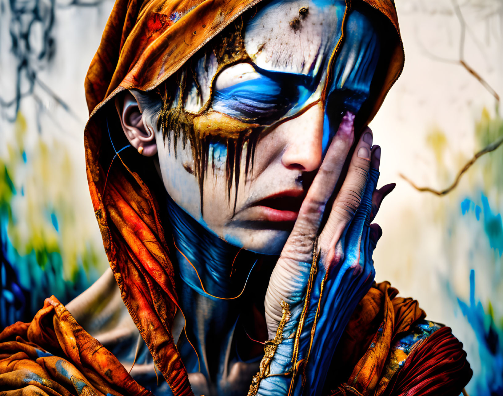 Person in blue and white face paint with hood, gazing solemnly amid vibrant colors