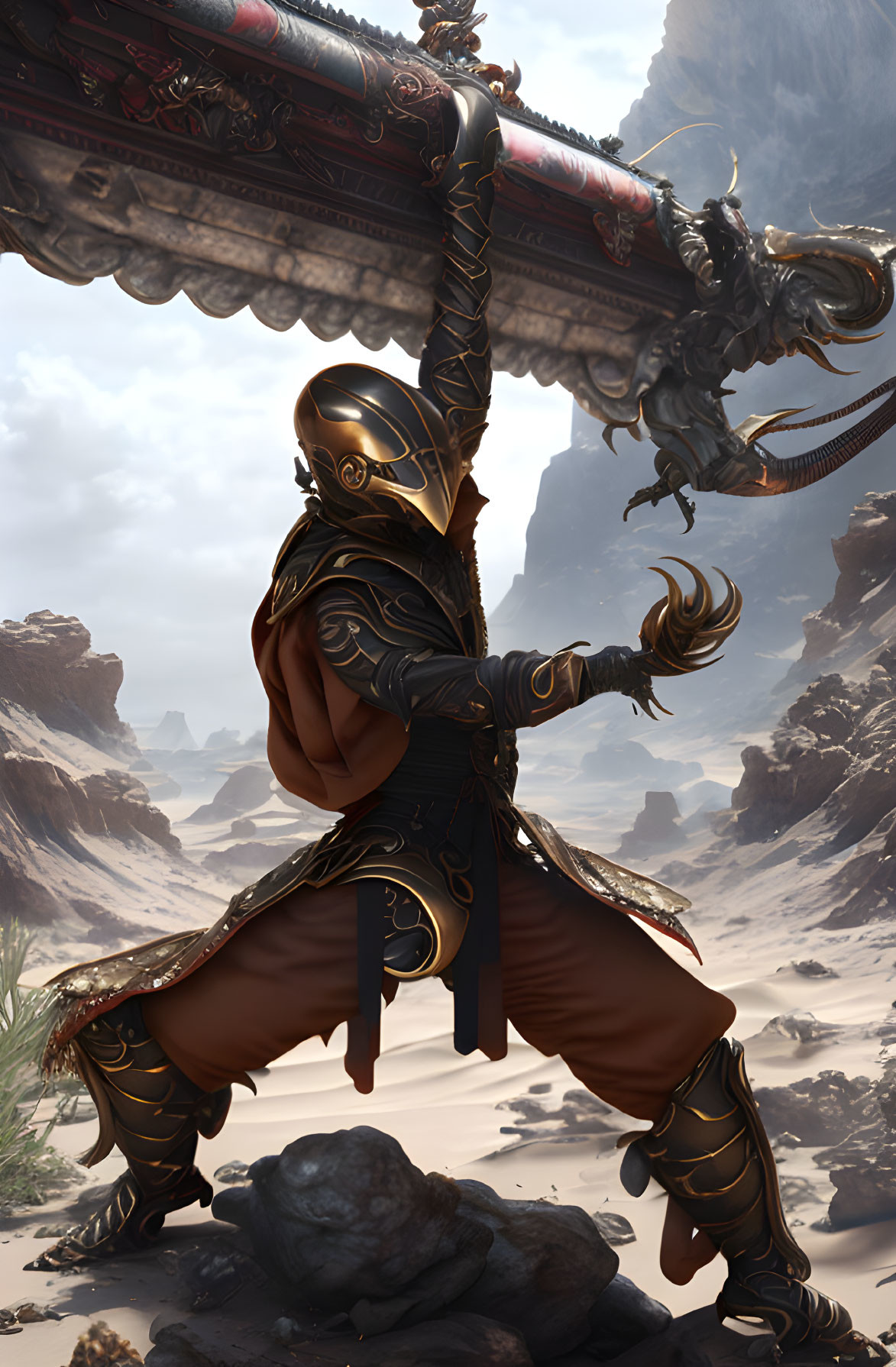 Golden-armored warrior wields dragon-themed sword in desert