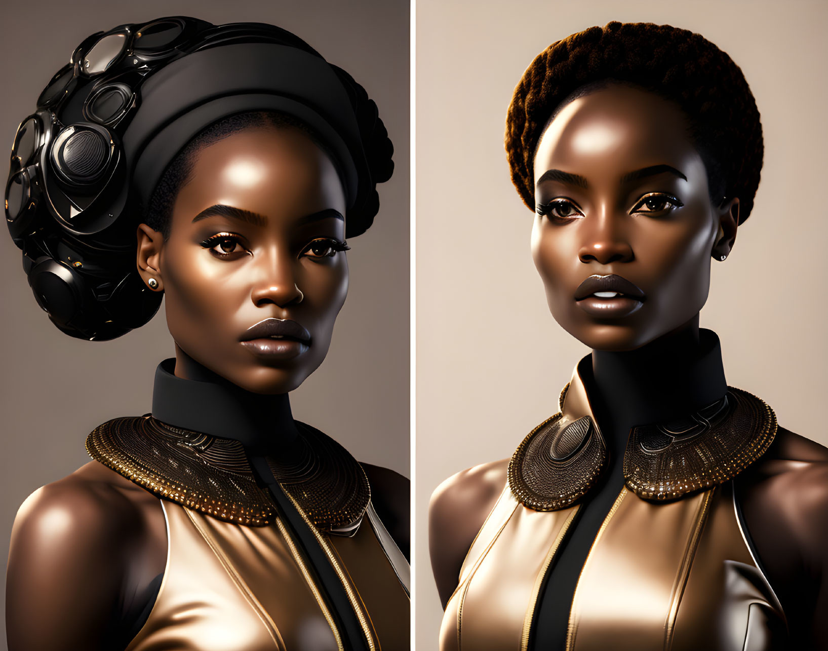 Dark-skinned woman portraits with futuristic hairstyles and elegant golden outfits