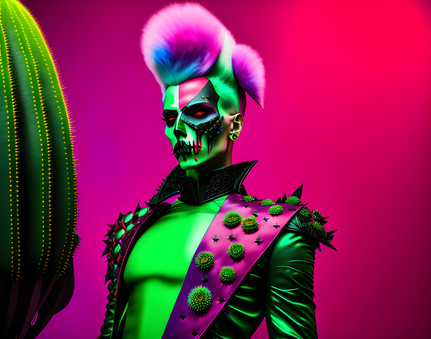 Person with punk aesthetic: Green skin, mohawk, skull makeup on pink background
