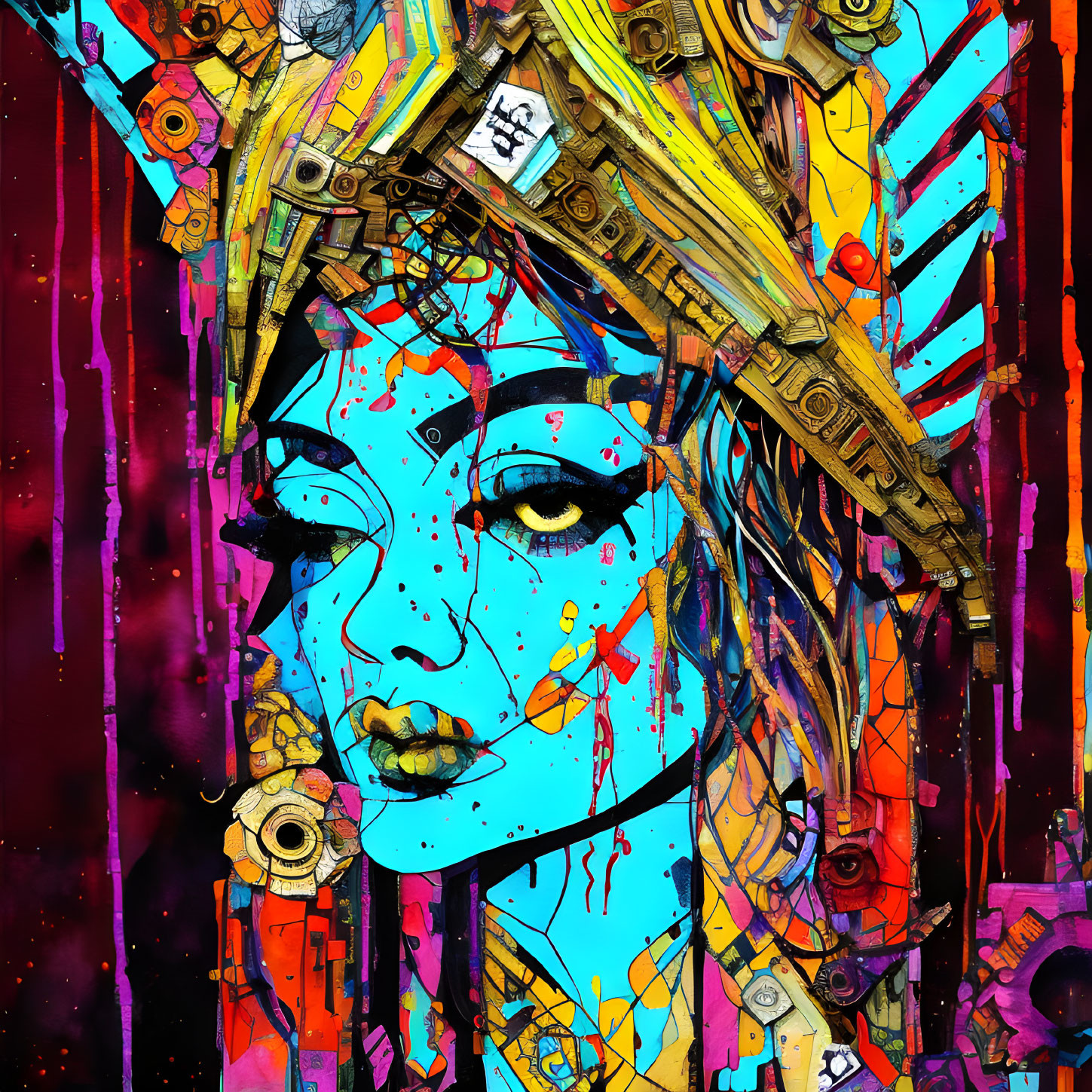 Colorful portrait of a woman with abstract, mechanical elements and splattered paint on dark background