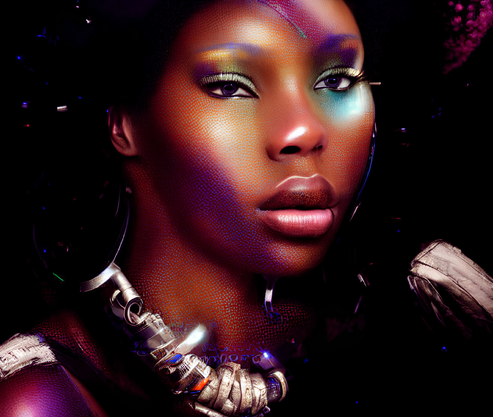 Detailed Portrait of Woman with Iridescent Makeup and Futuristic Jewelry