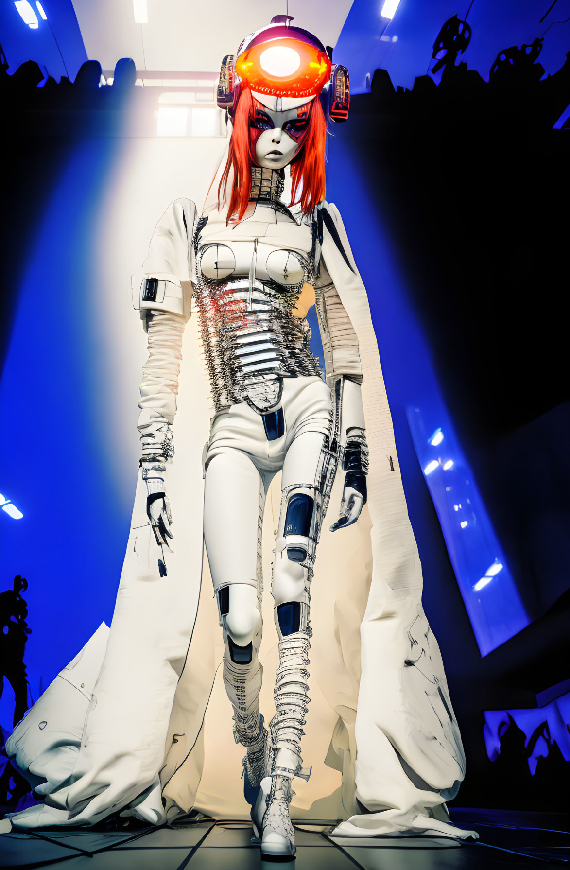 Red-haired humanoid robot in white futuristic armor with glowing visor