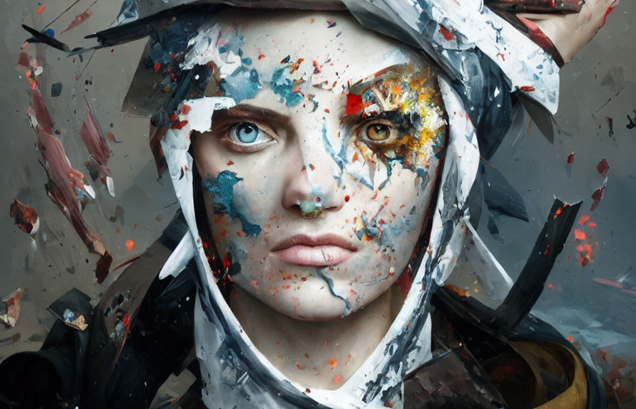 Colorful Paint-Splattered Figure with Intense Expression