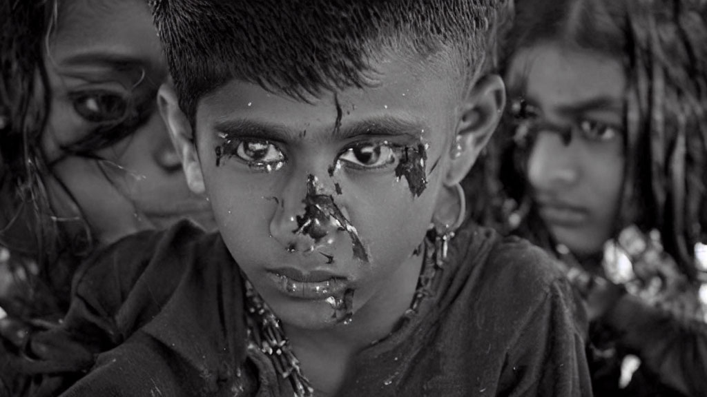 Monochrome image of child with solemn expression and dark smudges, surrounded by other faces.