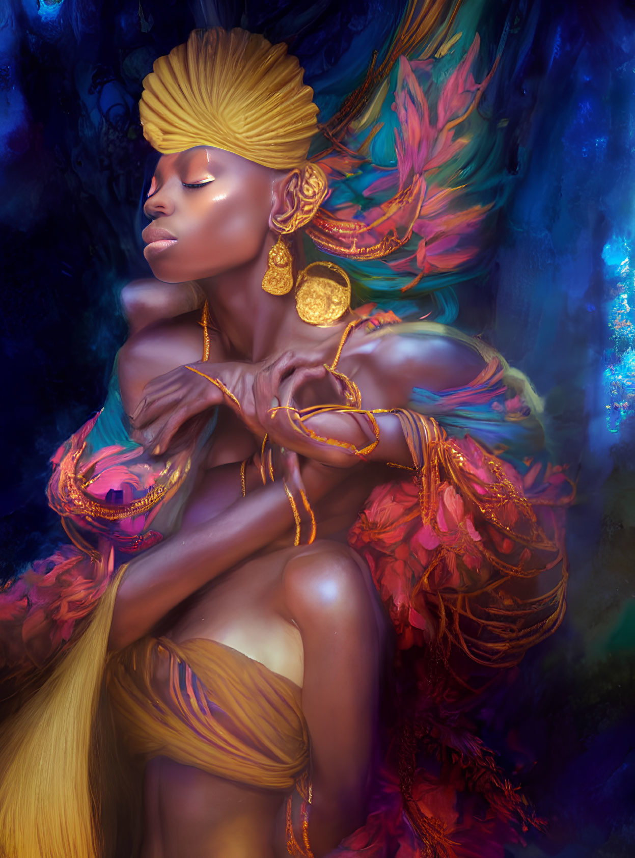 Surreal artwork depicting a woman with golden skin and hair, adorned with pink feathers and gold jewelry