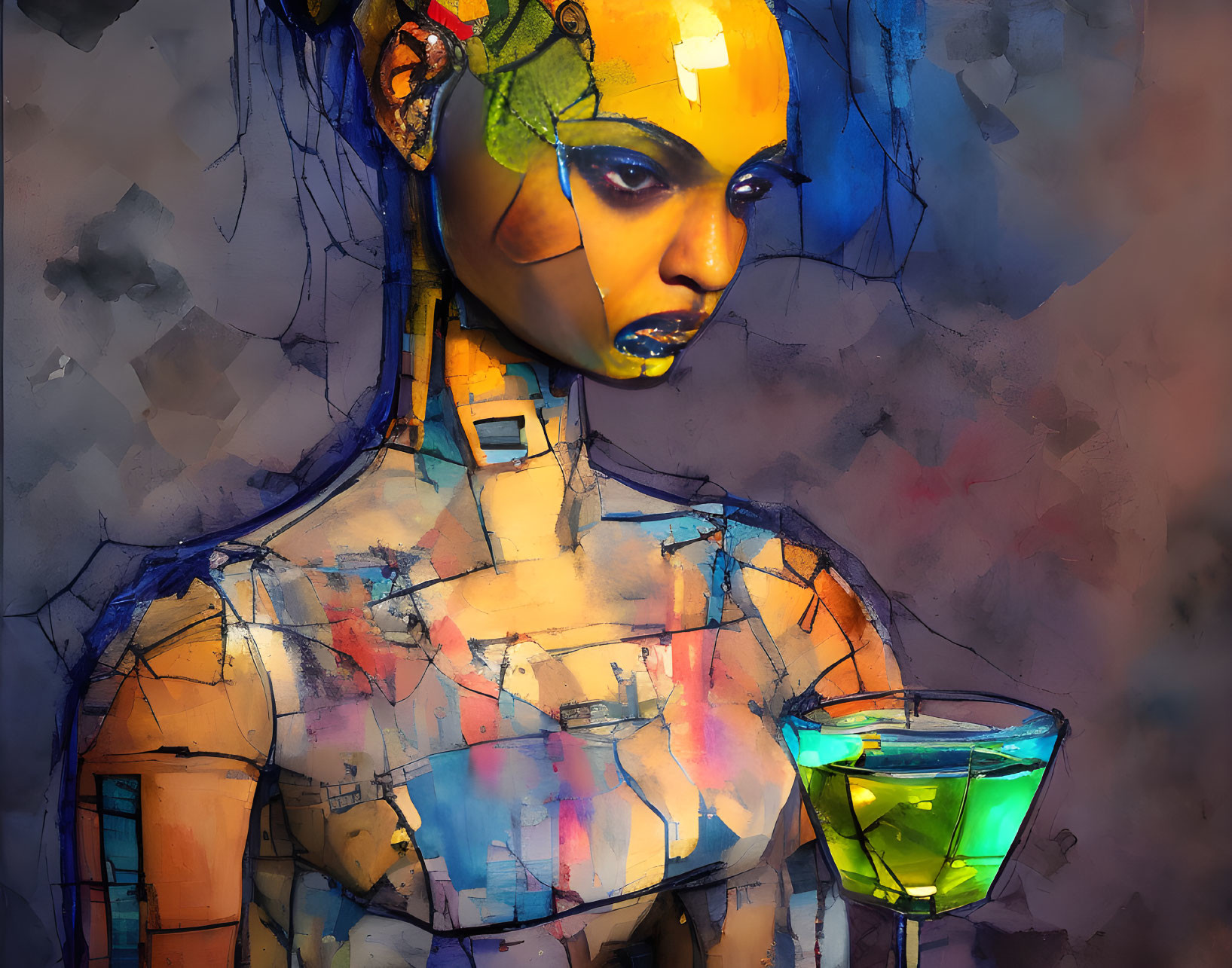 Vibrant digital artwork of female android with yellow face and green leaf, green cocktail in foreground