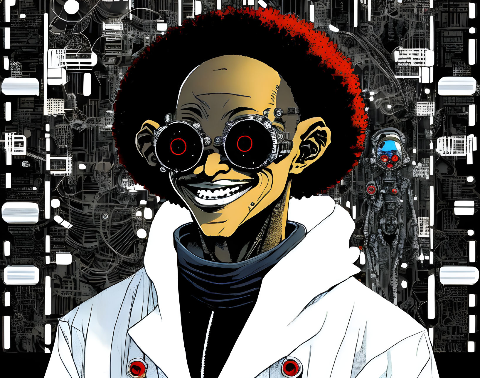 Smiling person with red afro and lab coat in tech-themed illustration