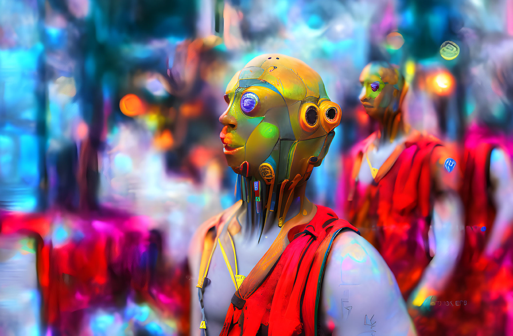 Colorful Abstract Digital Artwork: Humanoid Figures with Mechanical Features