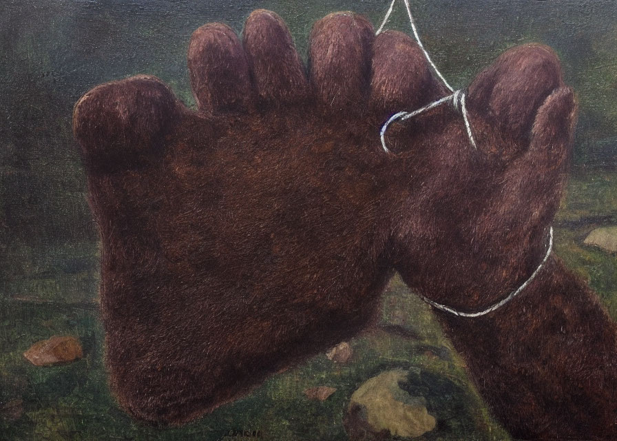 Detailed close-up of bear paw with white string against earthy background