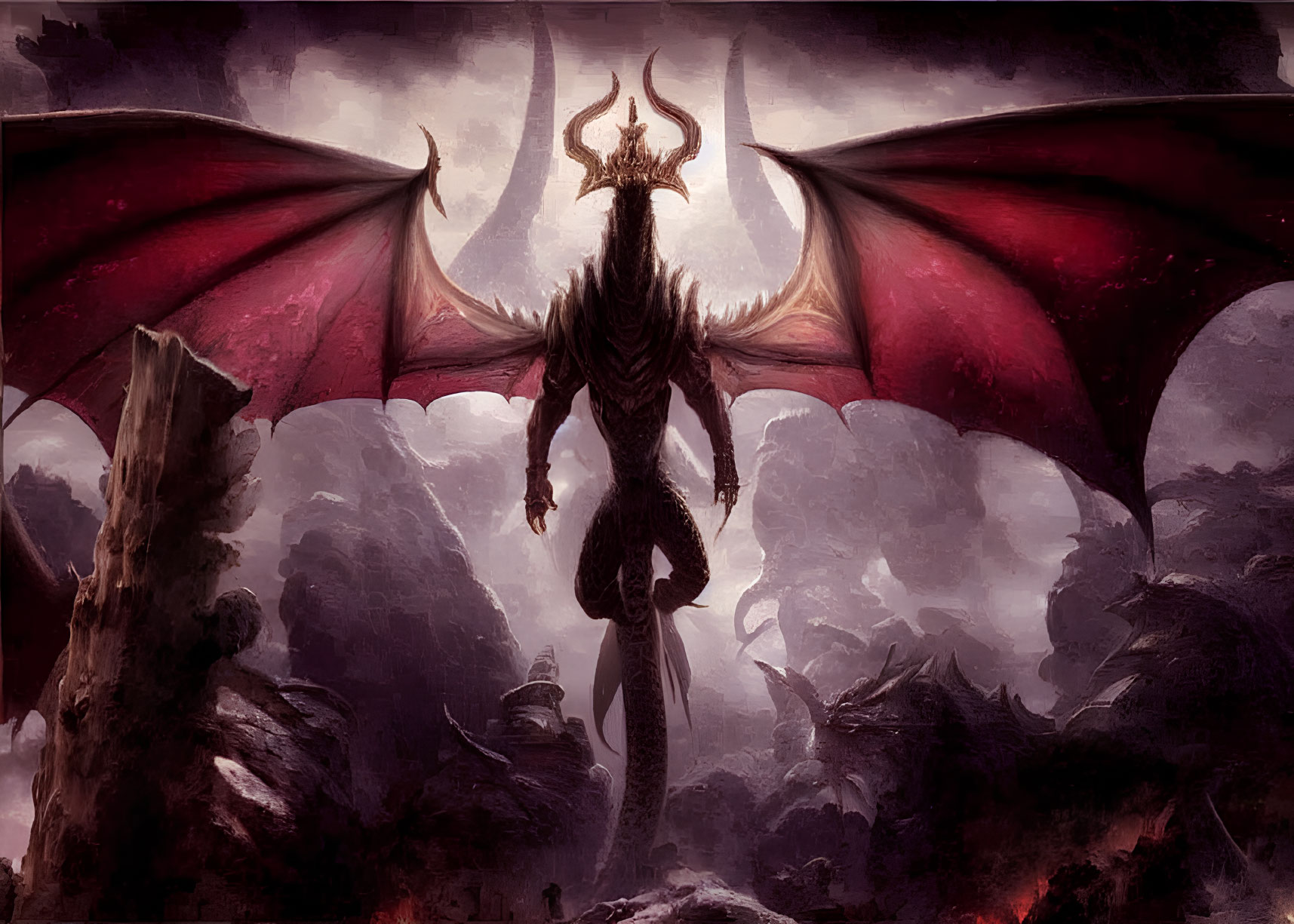 Large-winged dragon-like creature in gloomy mountain landscape