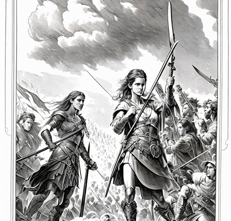 Monochrome illustration of female warriors with bows in forest battle