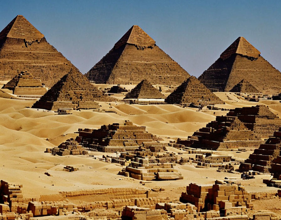 Panoramic View of Giza Pyramid Complex on Clear Sky Day