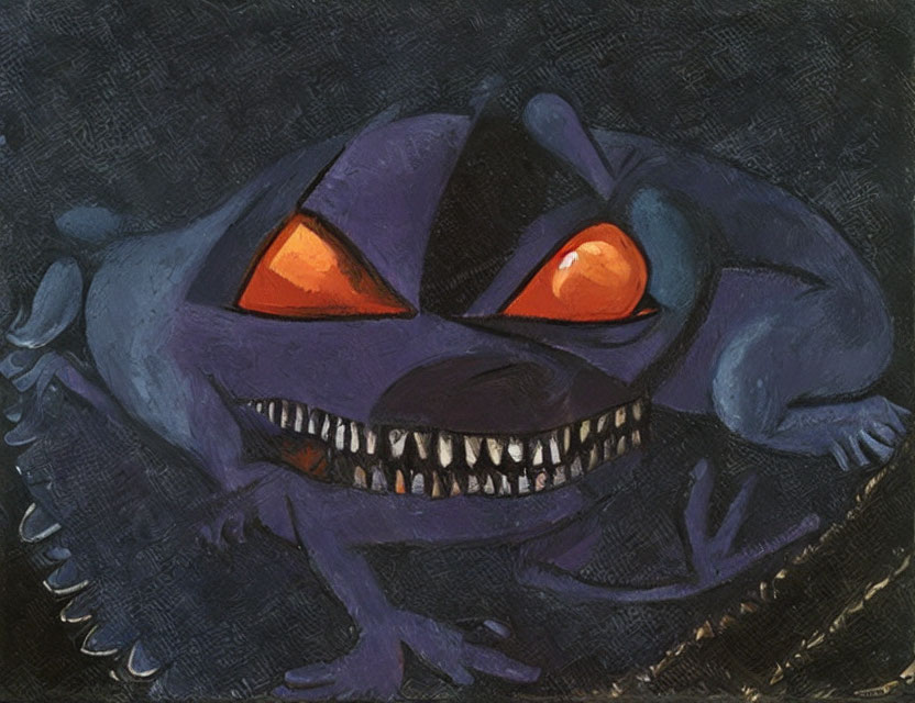 Sinister cartoon creature with sharp teeth and glowing eyes on dark background