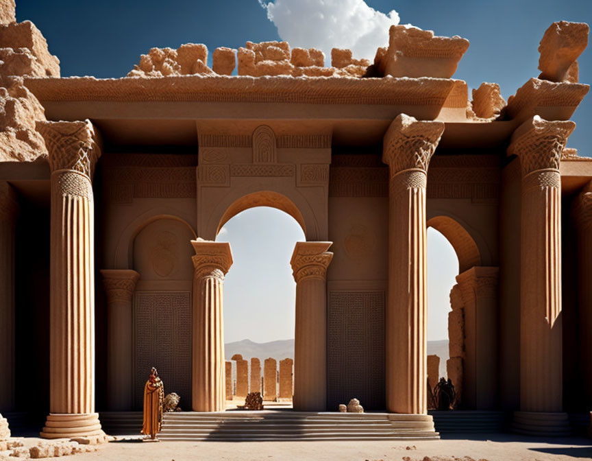 Person standing by ancient towering columns under clear blue sky