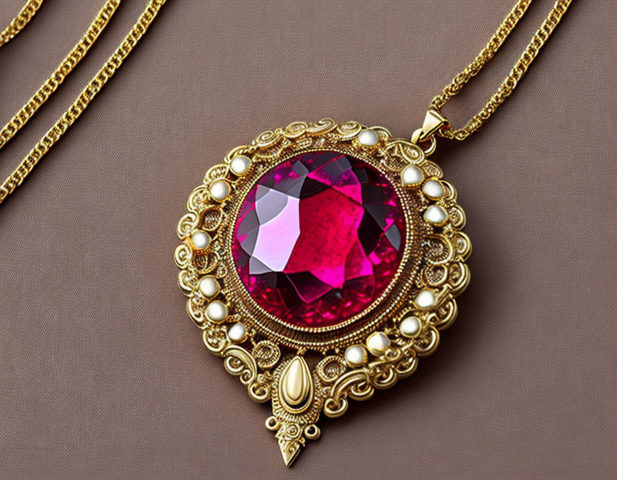 Gold Filigree Ruby Pendant with Pearl Accents on Brown Surface