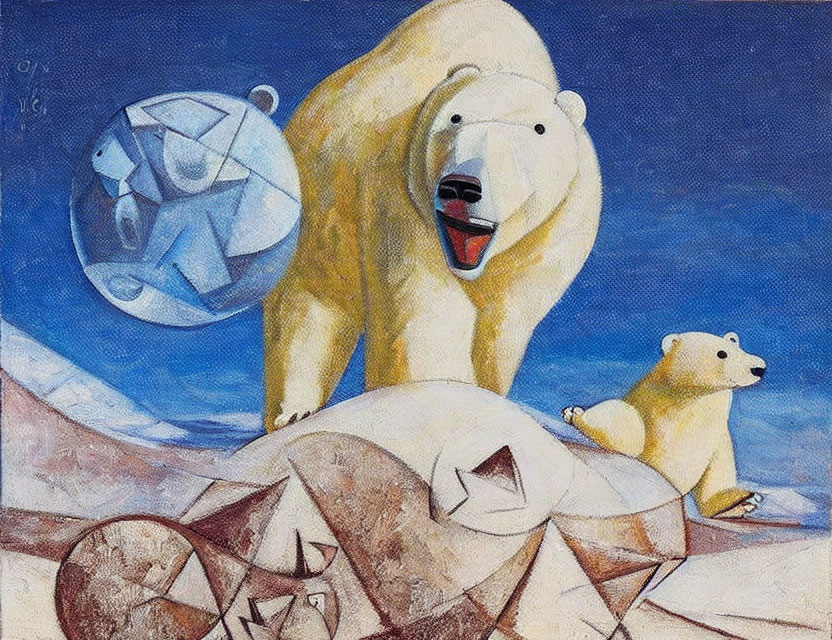 Abstract geometric shapes with two polar bears on snow-laden ground