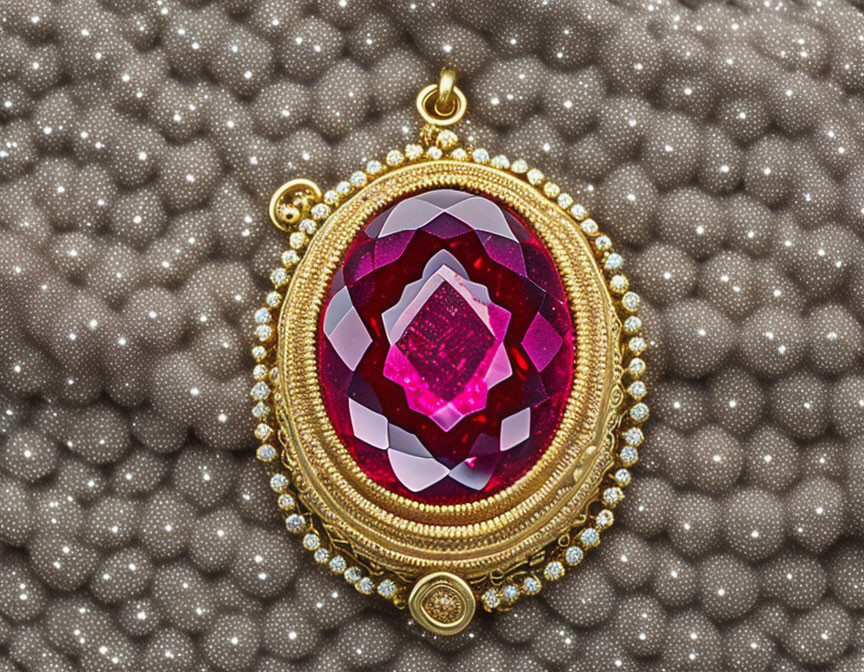 Golden Pendant with Oval Pink Gemstone and Clear Crystals on Gray Background