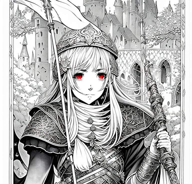 Detailed medieval armor female warrior illustration with spear, red eyes, castle backdrop.